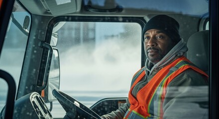 focused driver in safety vest inside snowplow during winter road clearing operation