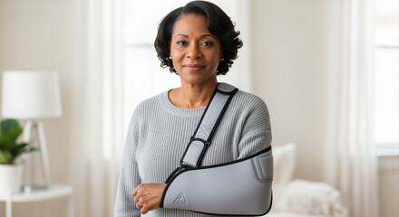 confident middle-aged woman with arm in sling in cozy home setting