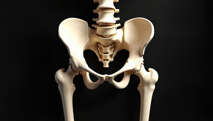 Human hip bone with femur bones on black background. Pelvis bone anatomy is displayed. It can be used in medicine, science, healthcare, biology or anatomy visuals. Spine is visible also.