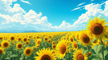 Obraz premium Perfect Summer Day: Flawlessly Saturated Sunflower Field and Deep Blue Sky, Showcasing Ideal Conditions and Vibrant, Healthy Blooms