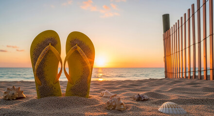 Image of yellow flip-flops on a sandy beach with seashells, facing a sunset over the sea, representing relaxation, vacation, and coastal lifestyle