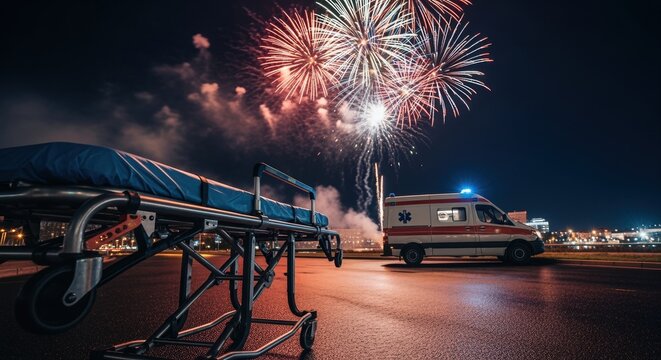 ambulance and hospital gurney under vibrant fireworks during nighttime celebration