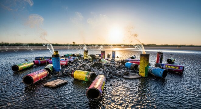 empty fireworks tubes on asphalt reflecting sunset after festival celebration - Powered by Adobe