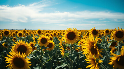 Expansive Field of Sunflowers Under a Dynamic Blue Sky with Wispy Clouds, Highlighting the Abundance and Natural Beauty of Summer Agriculture