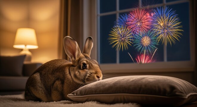 frightened rabbit indoors watching colorful fireworks through a window with warm lighting
