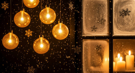 Image of golden Christmas ornament, snowflake and frosted window pane, creating festive atmosphere, representing winter celebration, holiday and cozy home