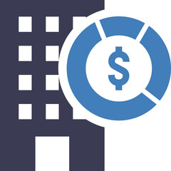 Dark Blue Building Icon with Blue Pie Chart and Dollar Sign Overlay on Transparent Background