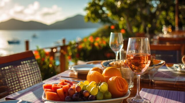 A beautifully arranged plate of fresh fruit sits on a table overlooking the sea at sunset. A glass of rose wine adds to the relaxed dining experience in a tropical setting.