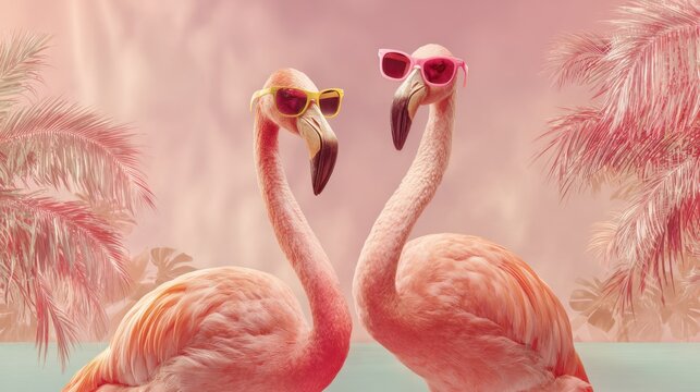 Flamingos with pink feathers pose side by side each wearing stylish sunglasses. They are set against a vibrant tropical background filled with palm trees. The lively scene captures a fun summer vibe.