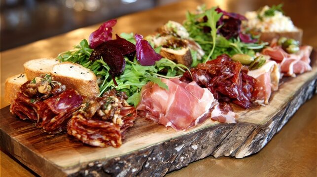 A wooden board with a variety of meats and vegetables on it. The board is placed on a table