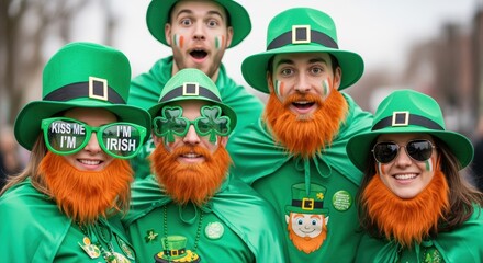 group of friends celebrating st. patrick's day in festive green costumes and orange beards