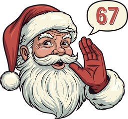 Santa Claus Illustration Calling Out Number 67 with Speech Bubble – Festive Christmas Cartoon Art