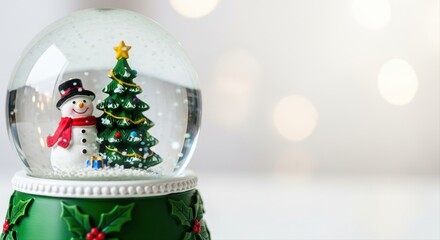 festive snow globe with snowman and christmas tree on white background with bokeh lights