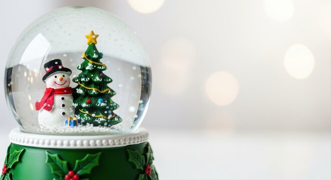 festive snow globe with snowman and christmas tree on white background with bokeh lights