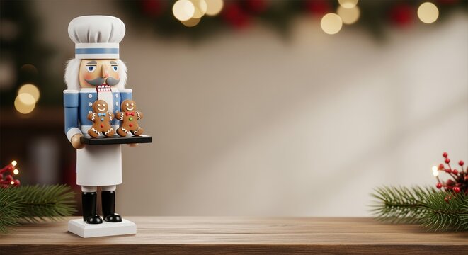 toy nutcracker chef holding gingerbread cookies in festive kitchen during christmas season - Powered by Adobe
