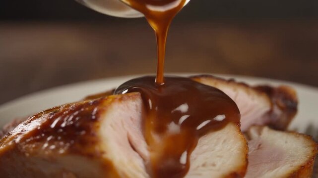 Delicious gravy pouring over sliced meat creating a culinary masterpiece perfect for food blogs and cooking tutorials, mouthwatering food shot
