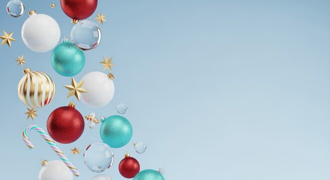 festive christmas ornaments floating against clear blue sky with candy cane and stars