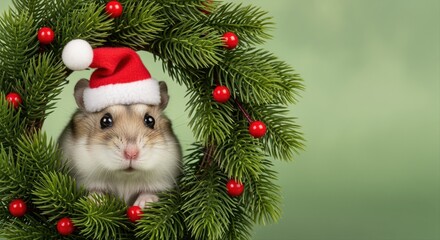 cute hamster wearing santa hat peeking through holiday wreath, symbol of christmas cheer