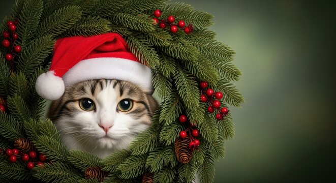adorable cat wearing santa hat peeking through christmas wreath on festive holiday background - Powered by Adobe