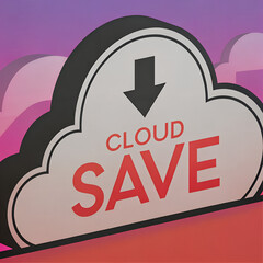 Cloud-shaped illustration with bold red text &ldquo;SAVE&rdquo;, black downward arrow, soft pink and purple background, stylized digital cloud storage symbol in clean graphic style.