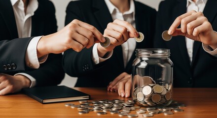 business team collaborating by contributing coins to a savings jar in an office setting