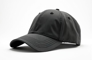 Fototapeta premium Black blank cap mockup template on white backdrop. Empty space for logo design. High-resolution picture for advertising, branding. Isolated studio shoot of realistic object. Customizable apparel