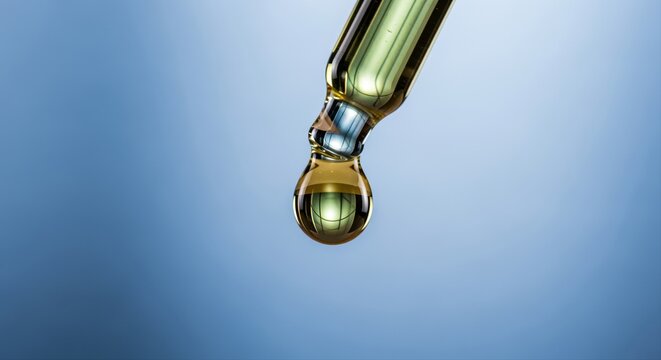 macro shot of droplet falling from glass pipette against blue background