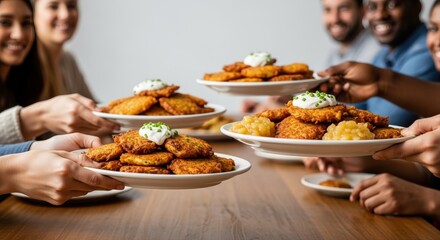 diverse friends enjoying traditional hanukkah meal with potato latkes at festive table