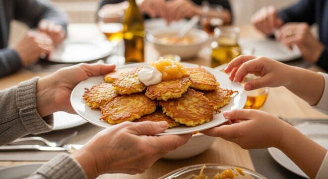 family enjoying homemade potato pancakes together during cozy mealtime at home