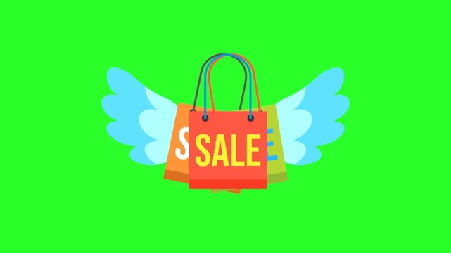 Flying Shopping Bags with SALE Text on Green Background