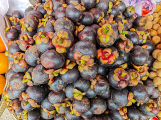 A striking close-up showcases a bountiful heap of mangosteen fruits, their deep purple rinds and vibrant green caps creating a visually rich texture, ideal for conveying freshness and exotic flair.