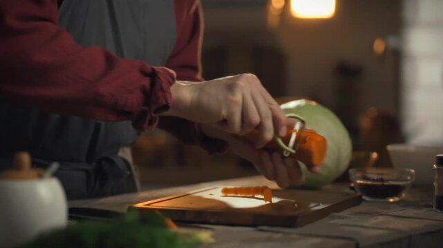 In a warm kitchen, a man carefully peels carrots with a special peeler. The activity suggests he is preparing a nutritious meal. The cozy atmosphere enhances the cooking experience