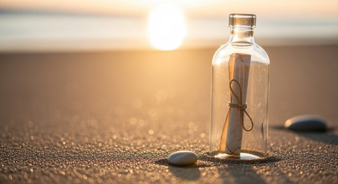 message in a bottle washed ashore at sunrise on a tranquil beach with soft golden glow