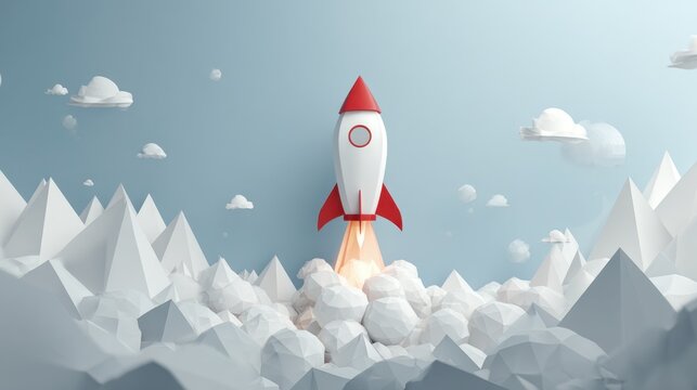 A rocket is taking off into the bright blue sky above a landscape of white mountains and soft clouds. The scene conveys excitement and the desire to explore new frontiers.