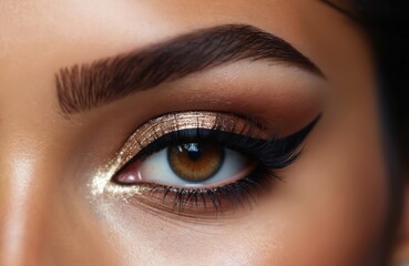 Obraz premium Close up beautiful female brown eye. Intricate glamorous makeup features glittery gold eyeshadow, sharp black winged eyeliner, long false lashes. Perfectly shaped dark eyebrow frames tan skin. High