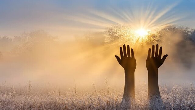 Hands reaching for golden sunrise light