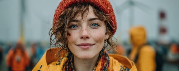Smiling woman outdoors wearing a red beanie and yellow raincoat on a rainy day