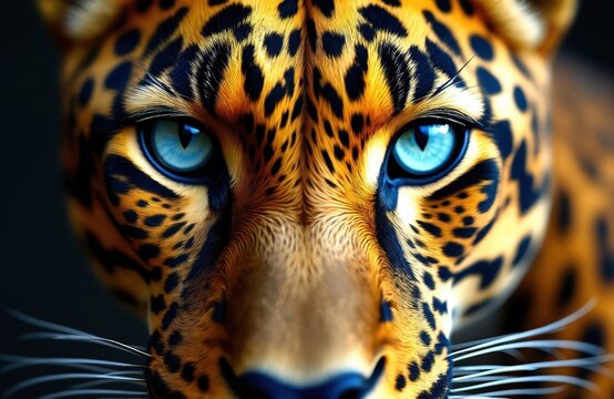 Close up view of jaguar portrait. The wildcat has vivid blue eyes and a golden spotted coat. This feline art showcases nature beauty with artistic touches. It is suitable for animal lovers. - Powered by Adobe