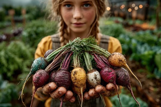 Young girl holding a colorful harvest of beets in a sunny garden - Powered by Adobe