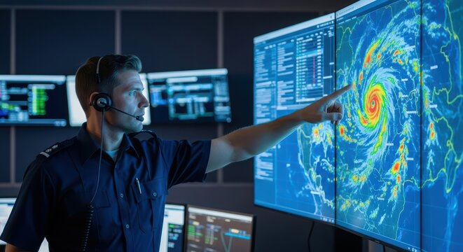 Young caucasian male meteorologist analyzing hurricane on multiple weather monitors in control room