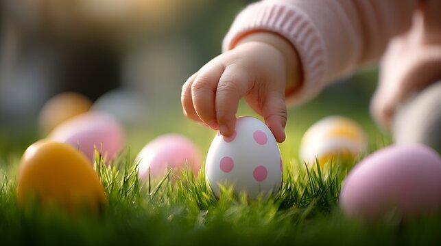 Baby enjoys Easter egg hunt on bright green grass during springtime afternoon with colorful eggs scattered around