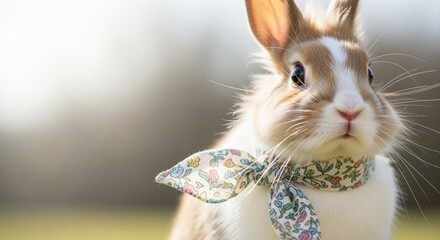 adorable rabbit wearing floral neck scarf in sunlit garden with soft focus background
