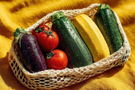 Fresh vegetables in a reusable mesh bag on a bright yellow background