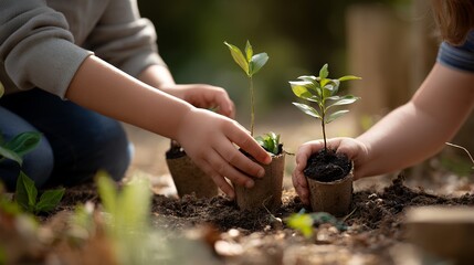 Children planting small green plants in biodegradable pots in a sunny garden on a pleasant day
