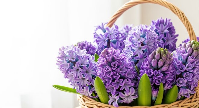 beautiful basket of purple hyacinth flowers with green leaves in a bright sunlit room