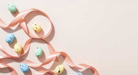 pastel colored easter eggs scattered on pink surface with satin ribbon in spring theme