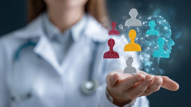 Understanding mental health through visual feedback. Social media users. Woman doctor illustrates emotions with happy and angry face papers. Virtual teamwork concept. Digital society network.