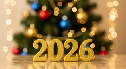Golden 2026 numbers in front of a blurred christmas tree with festive lights