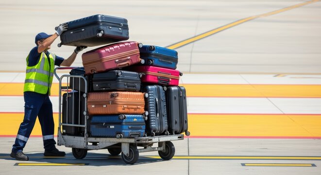 Airport baggage handler stacking luggage on cart at runway