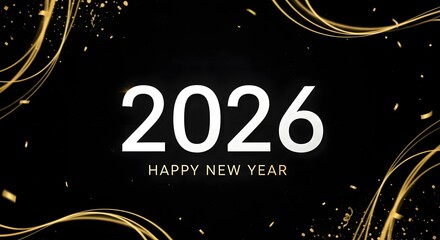 Happy new year 2026 with golden swirls and sparkles on black background